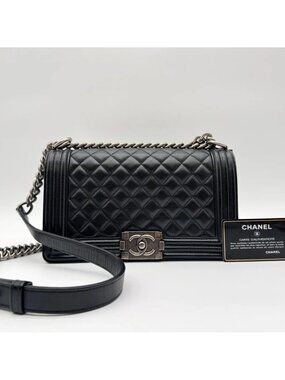 Chanel Shoulder Bag Quilted Black Leather CC Logo Silver